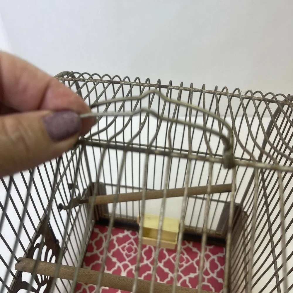 Vintage CROWN Wire Bird Cage w Original Feeder Trays &‎ Slide Tray Hang Hook